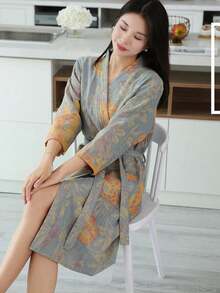 SHEIN 1件 复古图案浴袍 粉色/紫色/蓝色/绿色 纯棉纱布浴袍 纯棉纱布浴袍 夏季浴袍 吸水速干 女士浴袍 可穿戴浴巾 春夏睡衣 双层纱布 粉色/紫色/蓝色/绿色 浴室用品 家居用品 - 彩色 - 查看 5