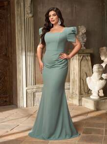 Aureia 大码优雅浪漫灰绿色方领花瓣袖腰部褶饰美人鱼下摆伴娘礼服 - 綠色 - 查看 8