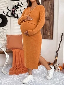 SHEIN طقم كاجوال من 2 قطعة: جاكيت أحادي الصدر بأكمام طويلة وفستان، لملابس الحمل - لون برتقالي - مشاهدة 4