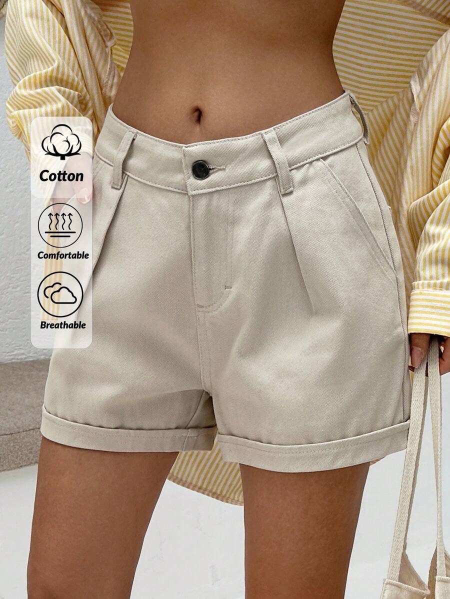 EURMUSE Quần short denim giản dị đơn giản cho mùa hè - Màu be - Xem 1