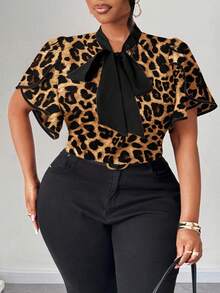 Maweii 大码女式优雅浪漫心形印花衬衫，蝴蝶结领，荷叶边和撞色边缘，适合约会和派对的全新春夏设计