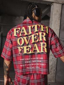 PAVTROS Manfinity Streetrush 男士街头风短款衬衫和裤子两件套，街头服饰，红色格子短款衬衫搭配抽绳长裤，个性化标语印花 Y2K 风格服装，前卫男士时尚，适合大学校园，送给他的礼物，圣诞节礼物 - 彩色 - 查看 4