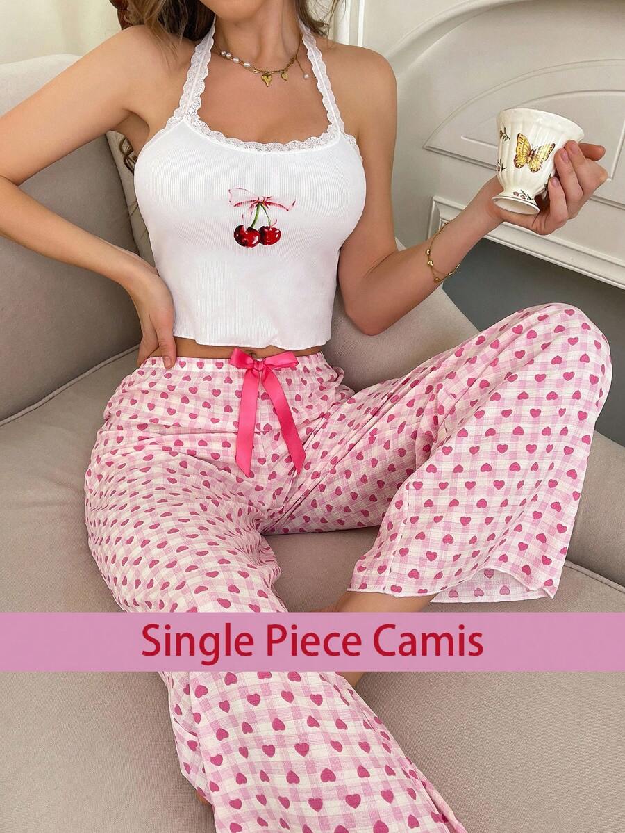 SweetSlumber Sweet Ins Style Cherry Print Lace Panel Halter Neck Ladies Sleepwear Top - White - View 1