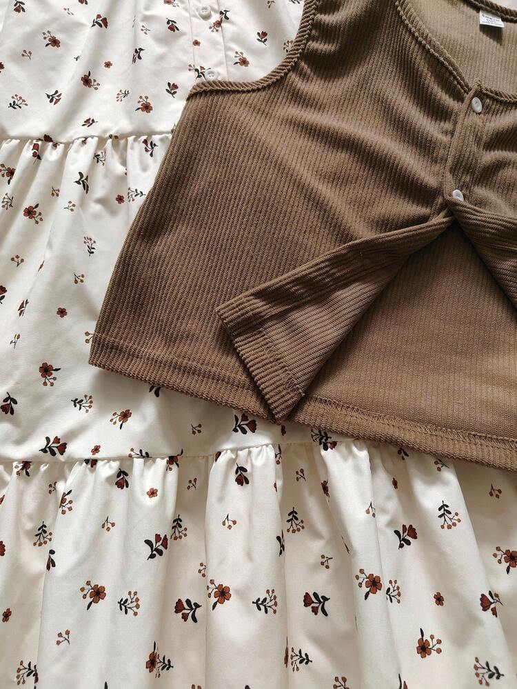 Vintaside Kids 女童宽松休闲长袖碎花连衣裙、棕色背心、校服套装 - 彩色 - 查看 8