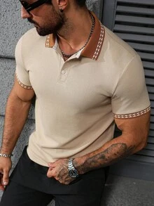 Manfinity Homme 男士几何拼接短袖休闲 Polo 衫 男士 Polo 衫 男士针织 Polo 衫 男士米色 Polo 衫 男士高尔夫衫 男士纹理 Polo 衫，复古风格 - 卡其色 - 查看 1