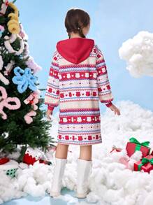 SHEIN X Care Bears 秋冬款 Tween 女童圣诞熊与雪花印花撞色宽松落肩粉色卫衣连衣裙 - 粉色 - 查看 2