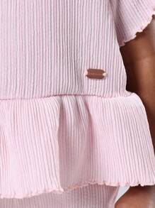 SUMWON Girls Two Piece Plisse Co-Ord Set With Ruffle Peplum Top And Flared Pants Casual Summer Holiday Beach Party Outfit Matching Set - Pink - View 6