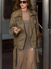 Chiquease Khaki Suede Casual Minimalist Zip-Up Jacket, Fashionable High-End Versatile Streetwear Style For Women - Khaki - View 1