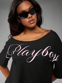 Missguided x Playboy Off Shoulder Script T Shirt Contemporary Design Relaxed Fit Ladies Fashion Street Style Three Quarter Sleeve Casual Loungewear - Black - View 5