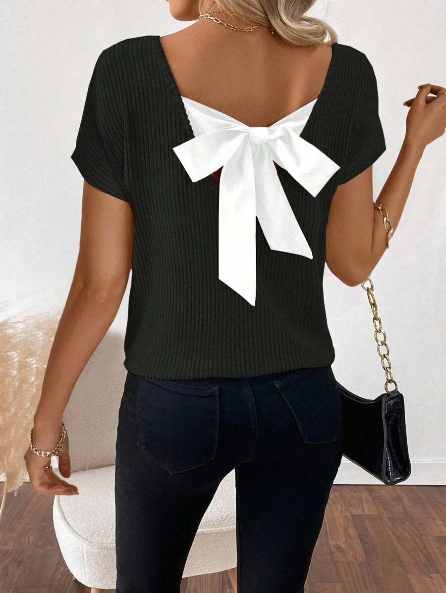 SHEIN LUNE Áo thun tay ngắn hở lưng buộc dây cho nữ, mùa hè - màu đen - Xem 1