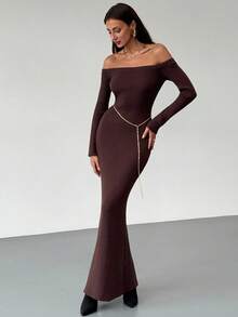 Aloruh 全新秋冬露肩修身针织长裙，优雅修身鱼尾毛衣裙 - 棕色 - 查看 4