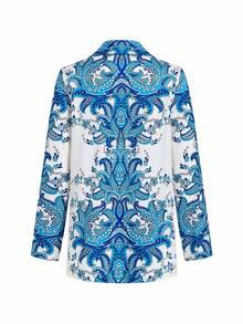 Ellevyn Women's Floral Print Shirt And Pants Two Pieces Set, Elegant And Graceful - Blue and White - View 3