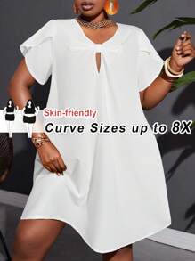 SHEIN CURVE+ 大码休闲度假宽松A字扭结绿色梭织连衣裙 - 白色 - 查看 4