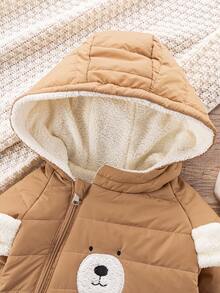 SHEIN Baby Boy Infant Toddler 0-3 Years Old Winter New Thickened Fleece Bear Embroidered Romper, Plush Bear Ear Jumpsuit, Autumn/Winter Outerwear Fall - Khaki - View 5