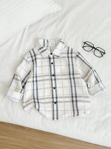 SHEIN 1 件年轻男孩休闲格子领长袖衬衫，舒适、时尚、百搭纽扣衬衫，学院风上衣，返校装，年轻男孩服装，适合开学第一天、日常穿着、户外、运动、春季、秋季和冬季 - 彩色 - 查看 3