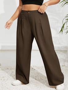 SHEIN Essnce 大码女式灰色米色宽松休闲简约阔腿裤，时尚百搭，春夏秋冬 - 摩卡棕 - 查看 4