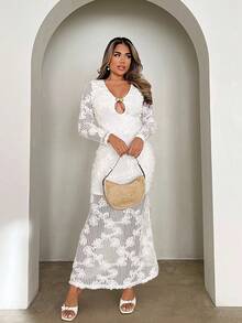 Xyvia Women's Floral Jacquard Hollow Out Design Long Sleeve Slim Fit Sexy Dress Fall Cloth For Women