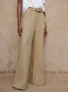 Lumalex VITNOS 秋冬新款高端优雅女装优雅卡其色舒适百搭金属装饰腰带设计宽松喇叭腿裤，配有腰带秋季商务休闲女士适合音乐会、约会、婚礼、派对、生日、夜间外出