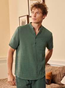 EverLounge 男士休闲棉质家居服上衣，适合户外穿着 - 綠色 - 查看 3