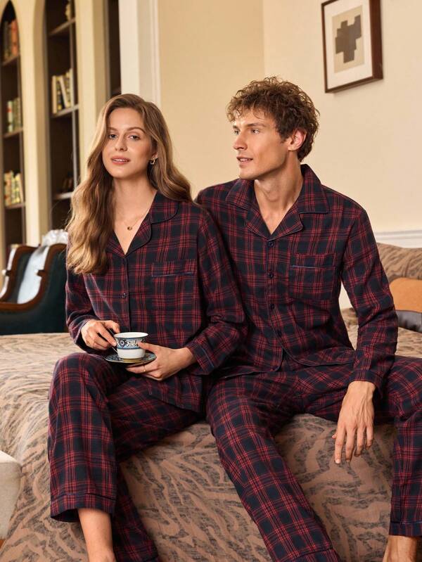 SHEIN EverLounge Vintage Retro Coin Pattern Sophisticated Plaid Men's Pajama Set, Fall Winter Clothes