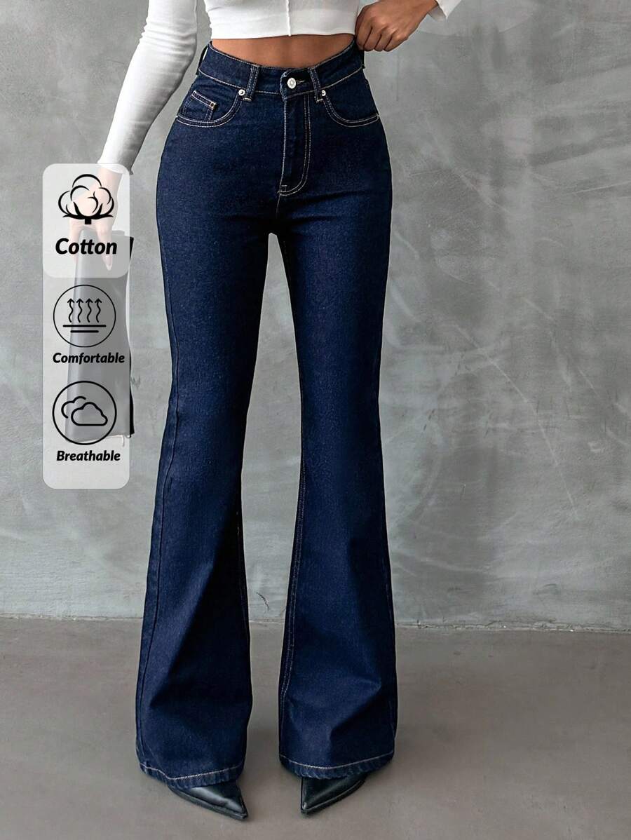 SHEIN Tall 98%Cotton Zip Front Skinny Flare Jeans TALL Women Clothing Jeans Flare Jeans Women Flared Jeans For Women - Dark Wash - View 1