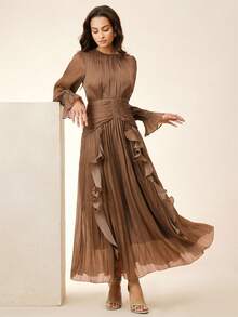 Anewsta 女士长裙，深绿色亮面面料，褶裥腰部，双层荷叶边下摆，泡泡袖长裙，优雅百搭的礼服 - 咖啡棕 - 查看 5