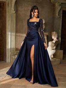 Aureia Elegante vestido de noche formal con escote pronunciado delantero, mangas largas, detalles de lentejuelas azules, patchwork de satén y gasa, abertura lateral alta y cola de pez con caída drapeada en la espalda - Azul Marino - Ver 7