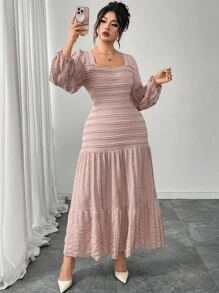 Modelyn 女式针织长袖开衩领口加大码荷叶边下摆连衣裙 - 藕粉色 - 查看 6