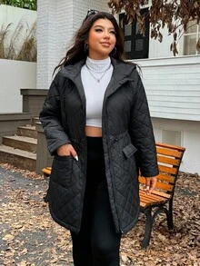 SHEIN EZwear 2025秋冬新款休闲连帽绗缝复合面料保暖可调节腰部长袖中长宽松大码加厚外套，适合外出、日常、聚会、约会等多种场合 - 黑色 - 查看 3