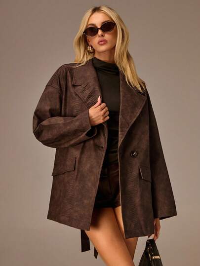 Avantive 棕色 PU 外套 女士秋季服装 万圣节冬季服装 女士冬季夹克 女士时尚教师服装 女士返校服装 女士办公室服装 女士工作服装 女士皮夹克 女士西部服装 女士秋季服装 女士棕色夹克 女士棕色外套 蛇皮外套 外出