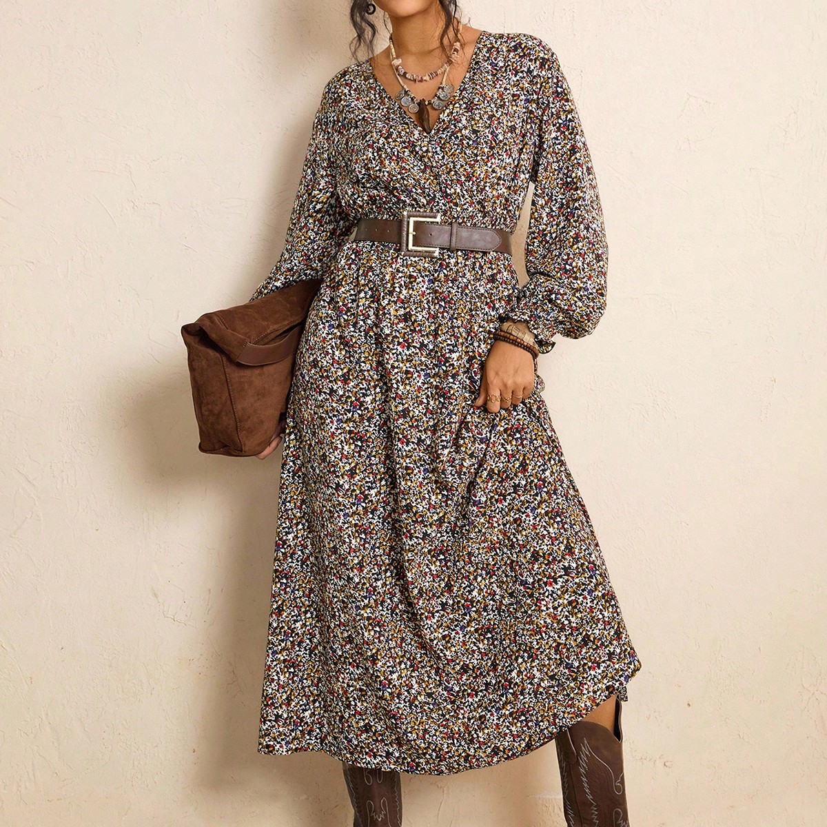 Abito a maniche lunghe con stampa leopardata e arricciature, taglia comoda, adatto per l'autunno/Abiti autunnali/Outfit autunnali da donna/Abito da cerimonia autunnale per invitati/Eleganti abiti da d 