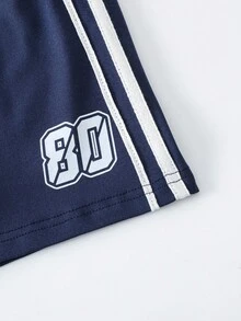 Outfit casual per ragazze pre-adolescenti con maglietta a maniche corte scollo a V con stampa di lettere e pantaloncini - Blu - Visualizzare 8