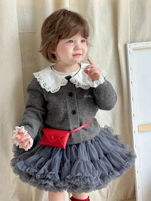 DAZY Baby Girls' Peter Pan Collar Letter Embroidery Contrast Color Casual Cute Cardigan Fall,Winter Toddler Girls Clothes - Light Grey - View 6