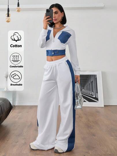 Effortless Contrast Color Denim, Color Bloack Detailed Zip Up Jacket With Flare Pant