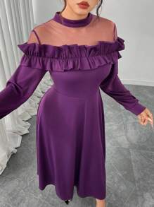 Modelyn Plus Size Women Elegant Waist Cinched Mesh Patchwork Ruffle Hem Dress Fall Cloth For Women - Purple - View 1