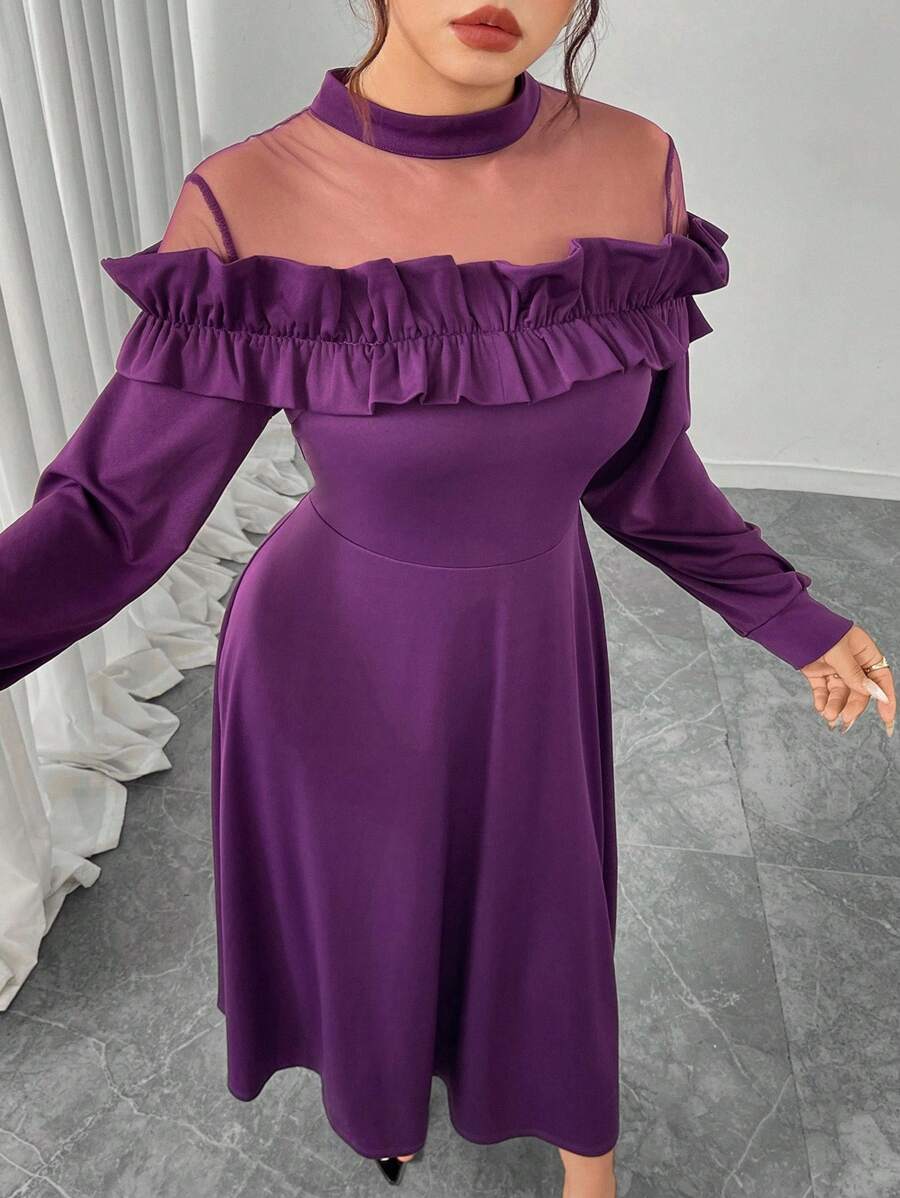 Modelyn Plus Size Women Elegant Waist Cinched Mesh Patchwork Ruffle Hem Dress Fall Cloth For Women - Purple - View 1