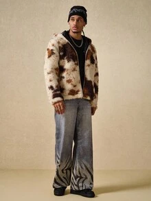 ROMWE MEN Street Life Men's Animal Print Long Sleeve Zip Front Hooded Fleece Jacket , Fall Winter - Burgundy - View 4