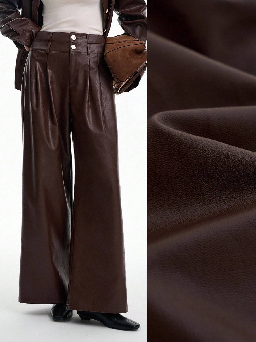 Aalyst Women's Casual Autumn Double-Layer Waistband Wide Leg Pants Fall Cloth For Women - Coffee Brown - View 1