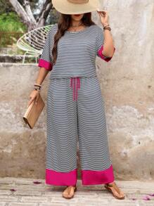 SHEIN LUNE 2 bộ quần áo và áo thun tay ngắn cổ tròn in họa tiết sọc đen trắng cỡ lớn cho ngày của mẹ dành cho nữ trang phục lễ hội mùa hè dành cho nữ quần áo thập niên 90 thời trang đường phố dành cho nữ mùa hè phong cách boho tiền cũ trang phục mùa hè dành cho phụ nữ trang phục phá cách trang phục mùa hè cho nữ - Màu Hồng Tươi - Xem 7