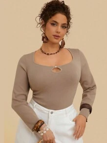 SHEIN VCAY Suéter de unicolor versátil y de moda para mujer de talla grande en otoño/invierno - Café integral - Ver 1