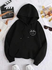 Cute Cat Pattern Women Loose Hooded Sweatshirt, Fashionable Casual Jacket For Autumn/Winter Fall Cloth For Women - Black - View 2