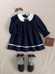 PrepCrw 女婴学院风领口拼色长袖连衣裙 - 藍白色 - 查看 1