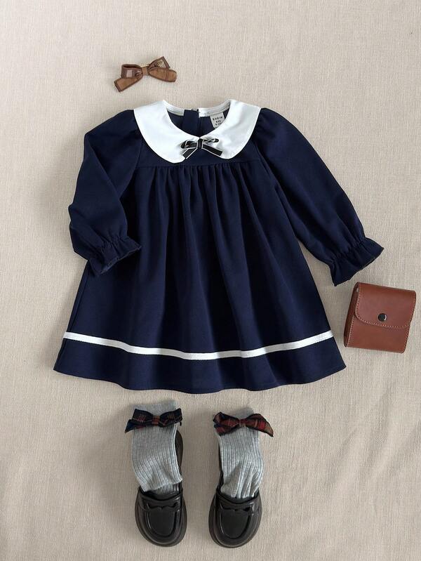 PrepCrw 女婴学院风领口拼色长袖连衣裙