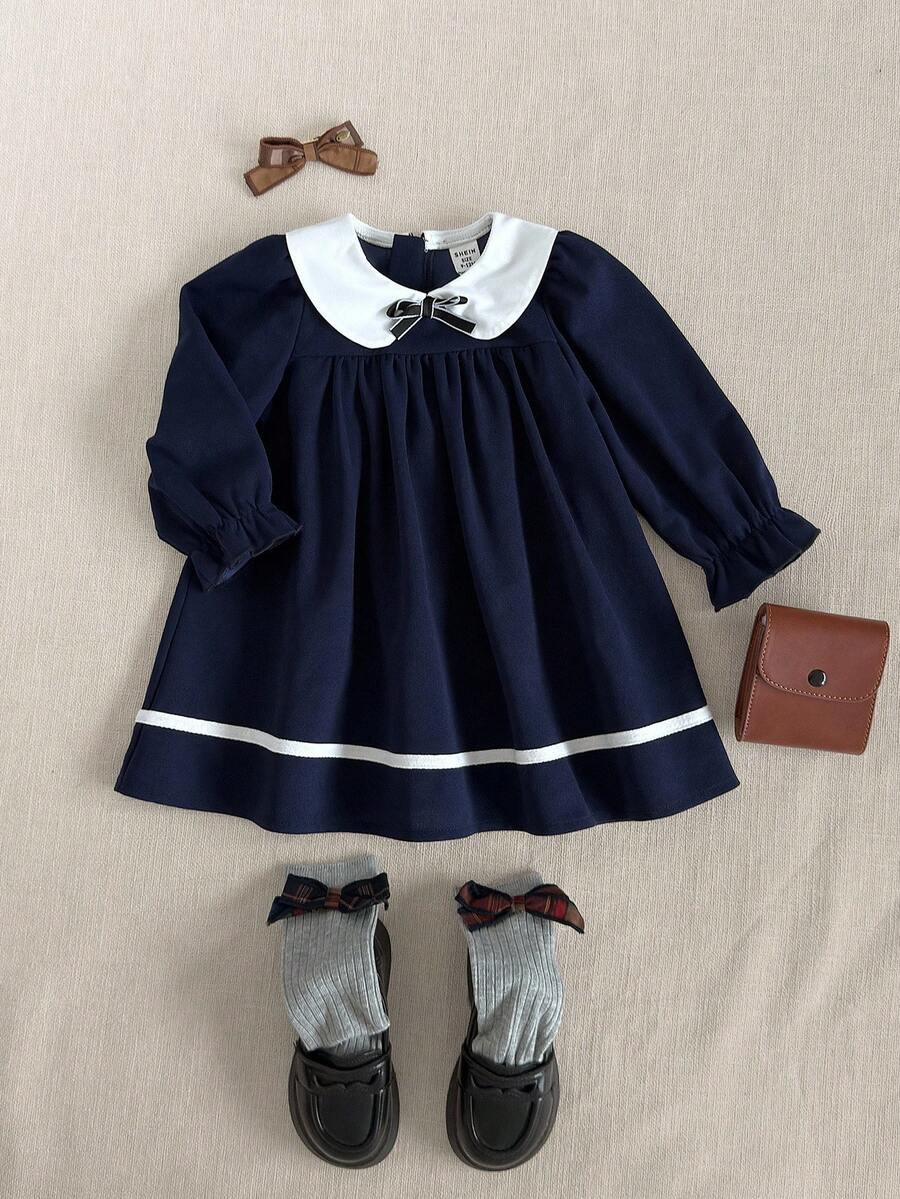 PrepCrw 女婴学院风领口拼色长袖连衣裙 - 藍白色 - 查看 1