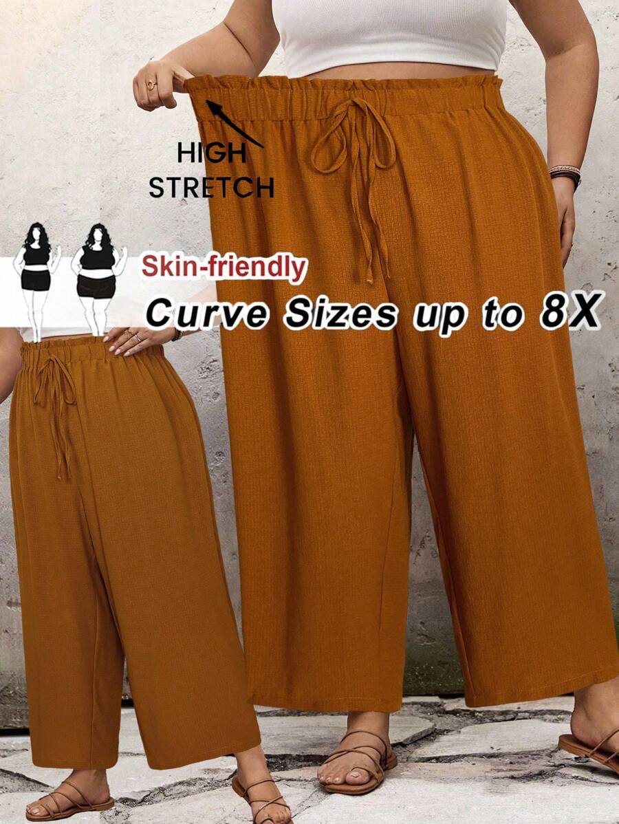 SHEIN CURVE+ 大码女式高腰宽松喇叭腿纯色荷叶边夏季裤，曲线加大，波西米亚度假风 - 棕色 - 查看 1