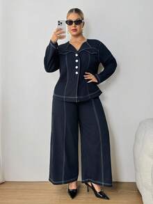 SHEIN PETITE CURVE 加大码女式休闲拼色外缝衬衫和裤子套装，秋季两件套小码裤装女式两件套裤子套装小码曲线两件套曲线小码服装套装加大码小码两件套 - 藏蓝色 - 查看 7
