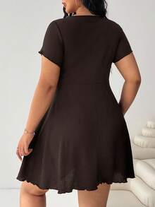 Solflare Plus Size Black Textured Knit Dress, Spring/Fall,Fall Clothes For Women Ruched A-Line Curvy Casual Clothing Curve - Chocolate Brown - View 2