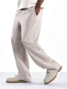 SUMWON Quần dài ống rộng vải chéo cao cấp, cạp chun thoải mái, chất lượng cao, mặc nhà, mặc mùa thu đông, mặc thường ngày, quần rộng rãi, thoải mái - Màu be - Xem 6