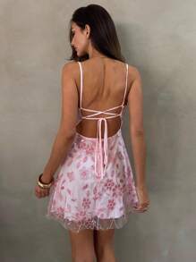Aloruh Women's Butterfly Sequin Embroidery Backless Criss-Cross Tie Flare Mini Dress, Pink, Spring/Summer - Pink - View 3