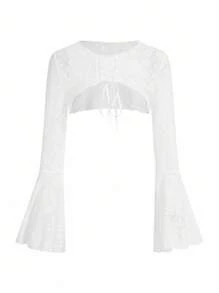 ROMWE Fairycore Women's Lace Spliced Short Top With Bell Sleeves And Tie Front - Beige - View 1